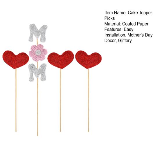 Mother's Day Cake Toppers I Love Mom Cupcake Topper Picks Glitter Hearts Flowers Crown Picks for Mom's Birthday Party Cake Decor