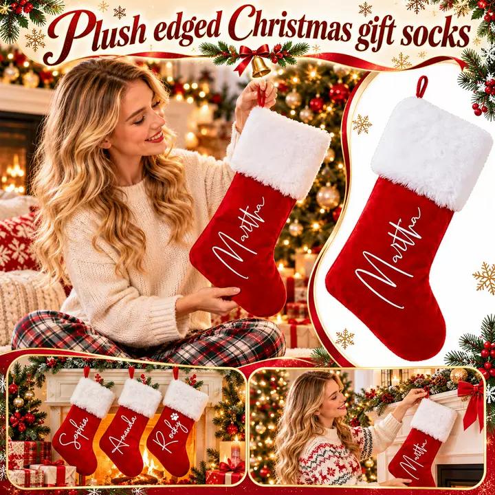 Personalized Large Christmas Stocking with Heat Transfer Text and Pattern, Fringed Trim for Holiday Decor