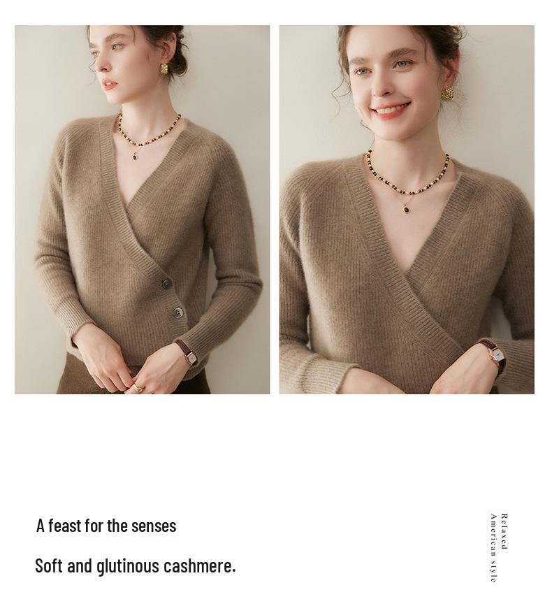Autumn/Winter Women's Solid Color Cashmere Knit Cardigan with Three-Button Raglan Sleeves
