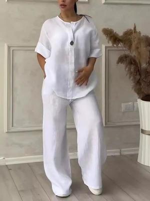 Letná Európska a Americká Súprava pre Ženy 2025, s Výstrihom do V, Dlhým Rukávom, z Bavlny a Ľanu