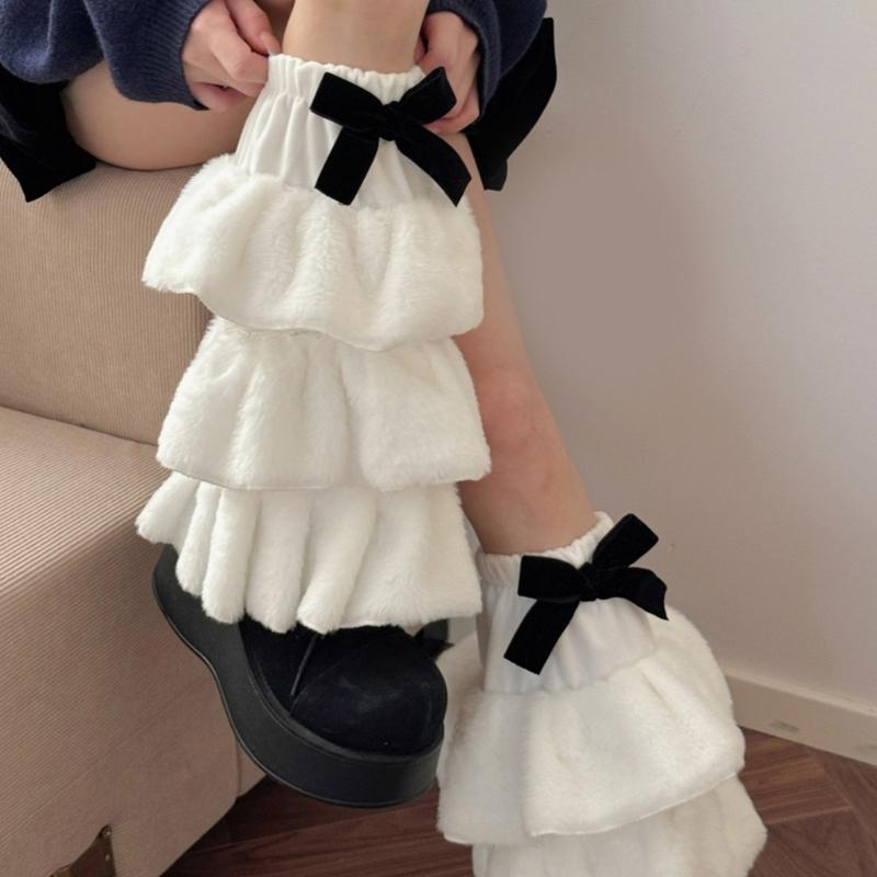 Women Plush Tiered Ruffle Leg Warmers with Bowknot Fuzzy Winter Boot Cuffs Thick Warm Furry Foot Covers Footless Socks