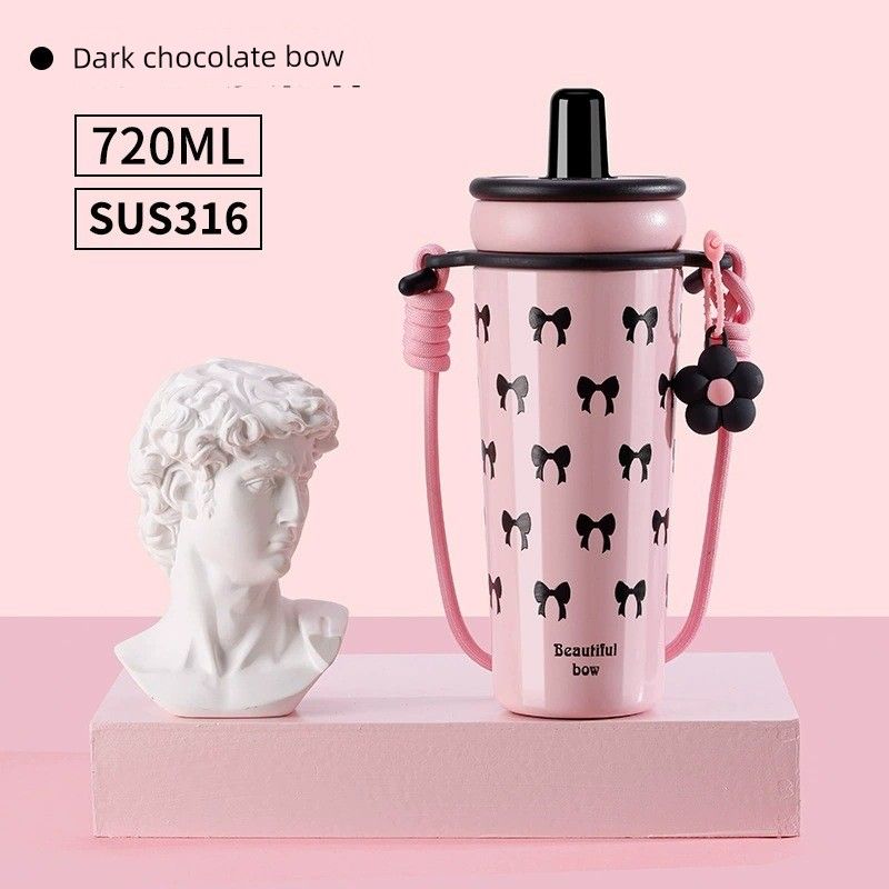 Large-Capacity Thermos Cup with Ceramic Inner Liner, 2025 New Model, Stylish Cup for Women, Niche High-End Water Cup with Straw 720ml Pink-Black Bow + Stainless Steel Liner
