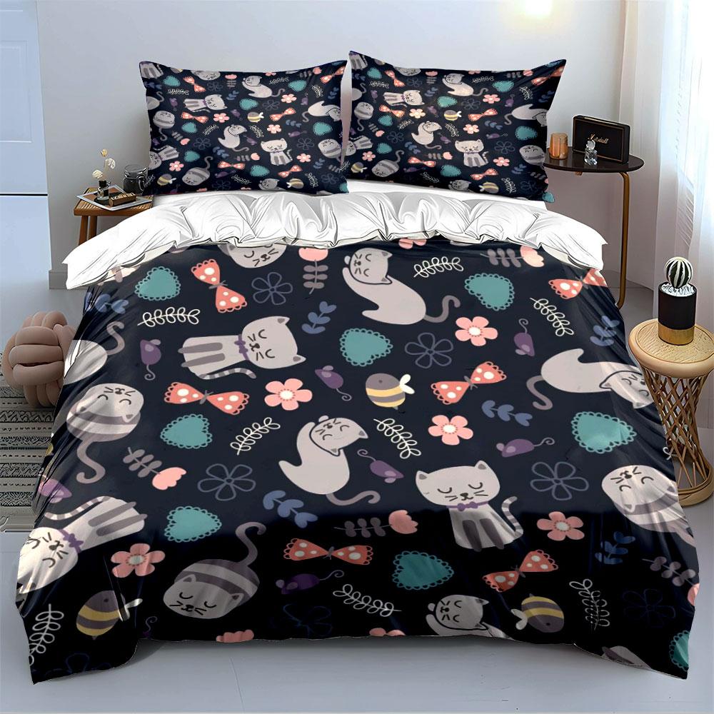 Cute Cartoon Cats Floral Design Bedding Duvet Cover Set Duvet Cover Pillowcases (1 * Duvet Cover 2 * Pillowcases, Without Duvet Insert)