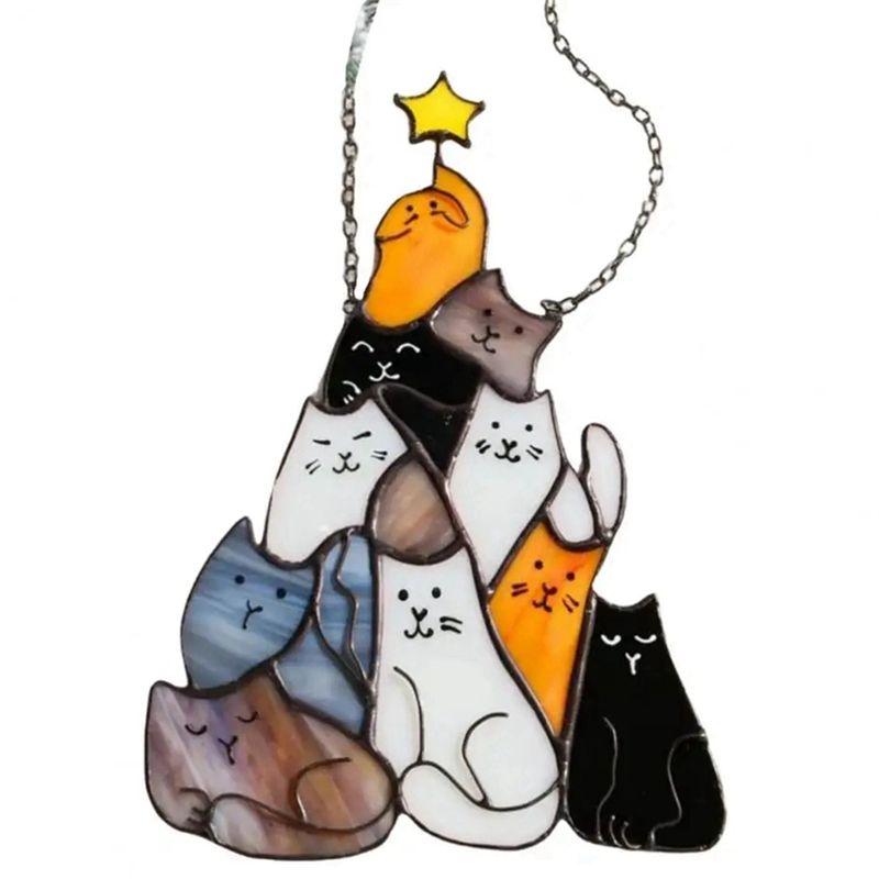 AEE2-Cat Sun Catcher Acrylic Stacking Kitten Ornaments Colorful Decoration Christmas Car Home Decorations