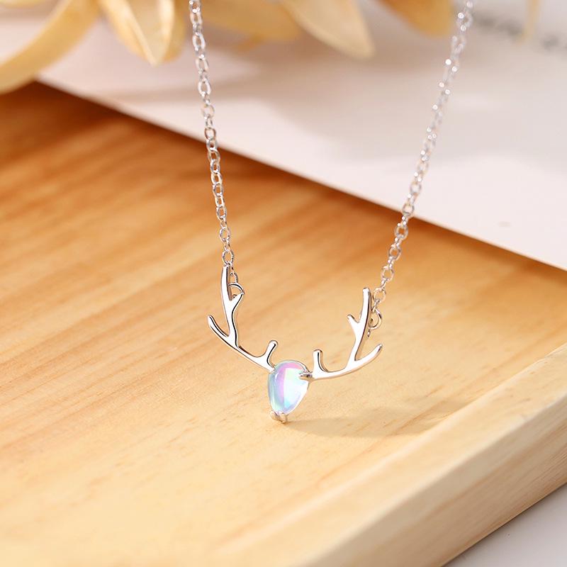 Colorful Moonstone Elk Antler Sterling Silver Necklace - Forest Style Christmas Gift