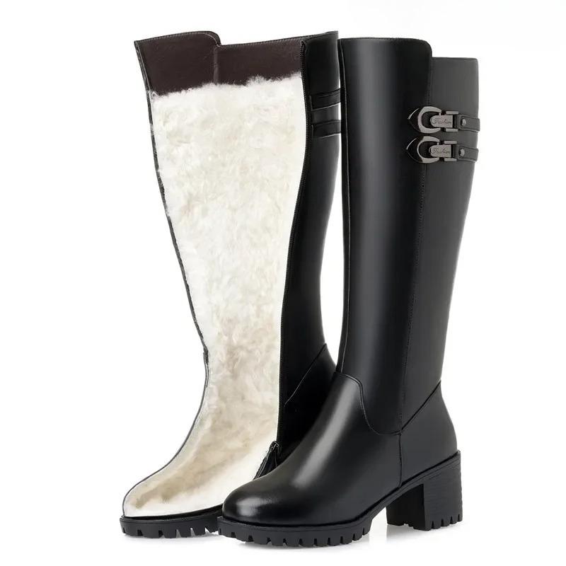 Stor størrelse 35-43 Vinterstøvler Dame Ull Varm Tykk Hæl Knehøye Støvler Ekte skinn Rund tå Høyhæl Damestøvler