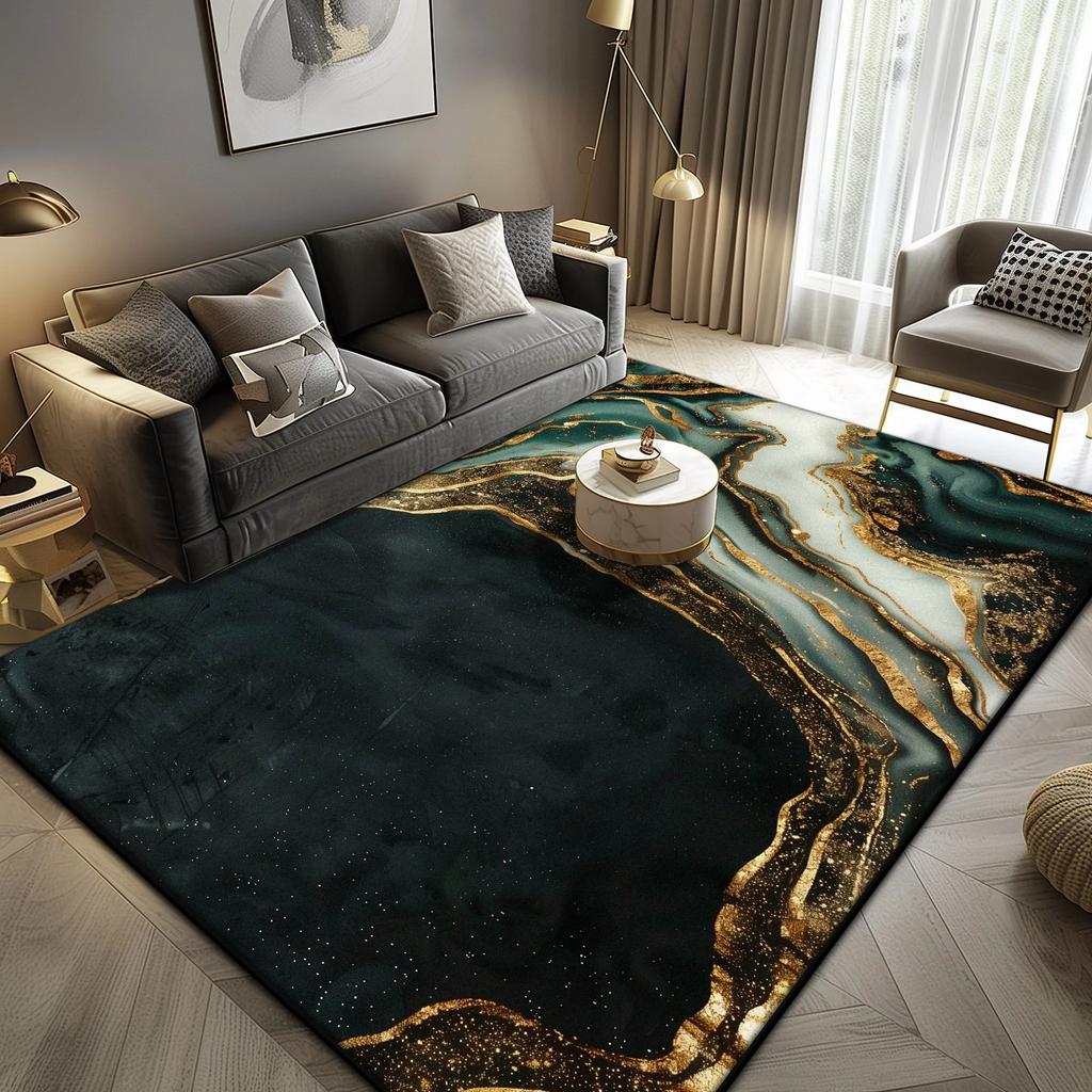 Luxury Marble Large Area Rug Black Gold Abstract Carpet for Living Room Sofa Lounge Coffee Table Non-Slip Soft Floor Mat