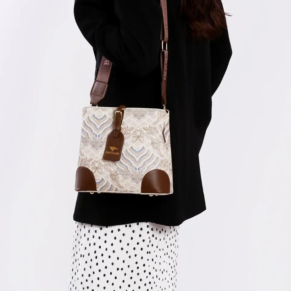 Women's PU Leather Bucket Bags Shoulder Bags for Ladies Large Crossbody Bags Wide Strap Fashion Embroidery High Quality
