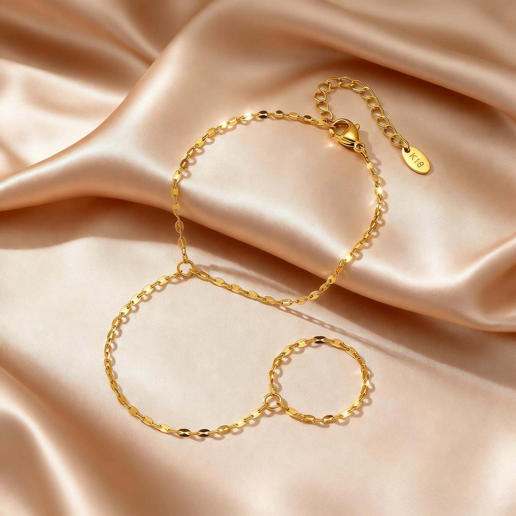 Luxury Minimalist Gold Plated Thin Chain Finger Ring Hand Chain Bracelets for Women, Party Elegant Stainless Steel Jewelry