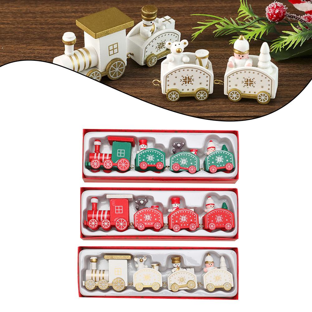 3Pcs Wooden Christmas Train Miniature Holiday Decorations for Tree Tabletop Seasonal Ornaments for Party and Home Use
