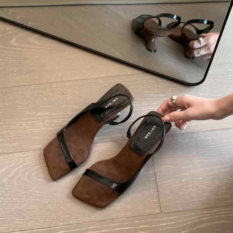 

2025 summer new sexy leopard print square head women s sandals one word open toe side empty rear strap wedge heel high heels 41 чёрный