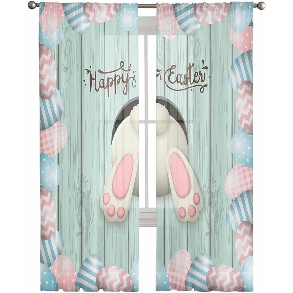 Easter Bunny Tail Wood Curtain Colorful Eggs Happy Transparent Voile Curtains Living Dining Room Bedroom Drapes Light Filtering For Sleeping Area