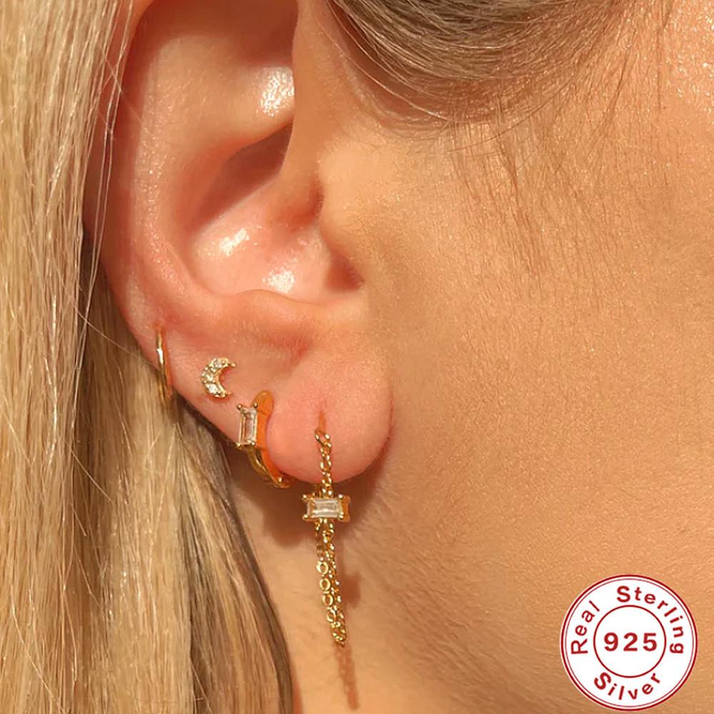 Suivez la tendance S925 Argent Sterling Chaîne simple Chaîne Boucles d'oreilles puces Zircon carré fin Écouteurs fins