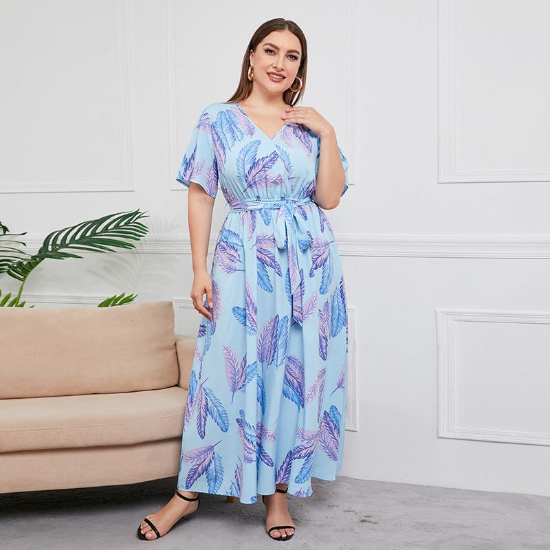 Summer Women's Dress Short Sleeve High Waist V-neck MIDI Dress Plus Size Temperament Printed Sexy Dress