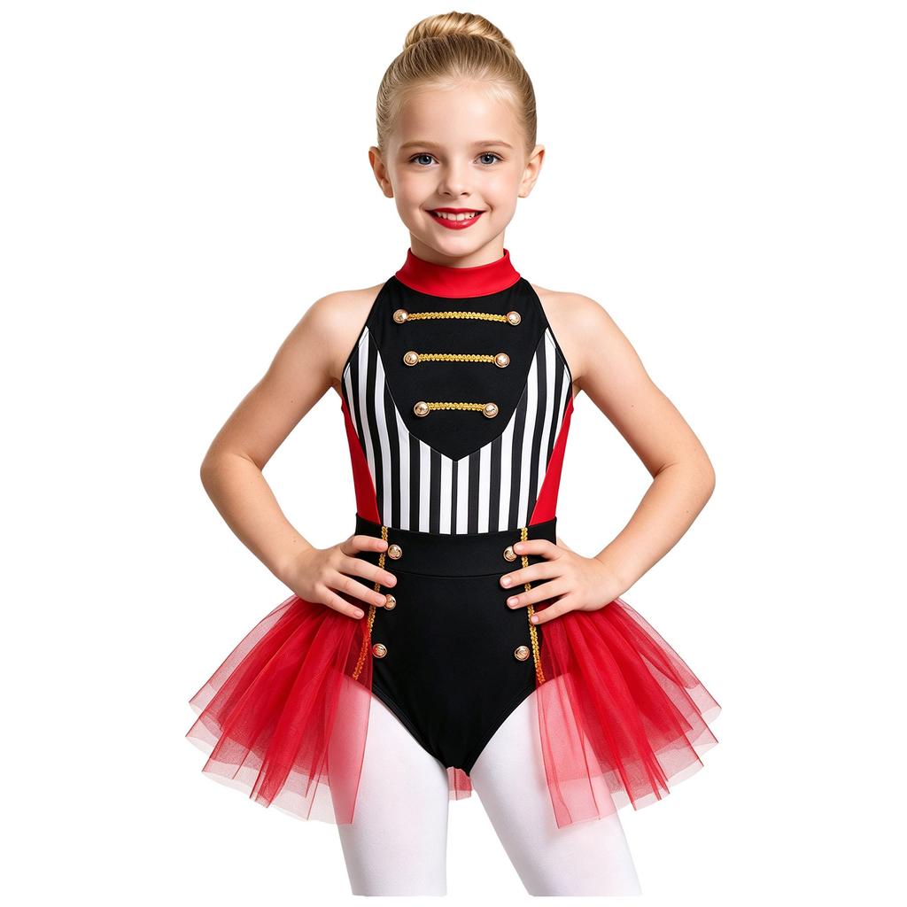 Girls Circus Ringmaster Leotard Halter Sleeveless Cutout Back Gold Trim Color Block Tulle Skirt for Halloween Role Playing Theme Party