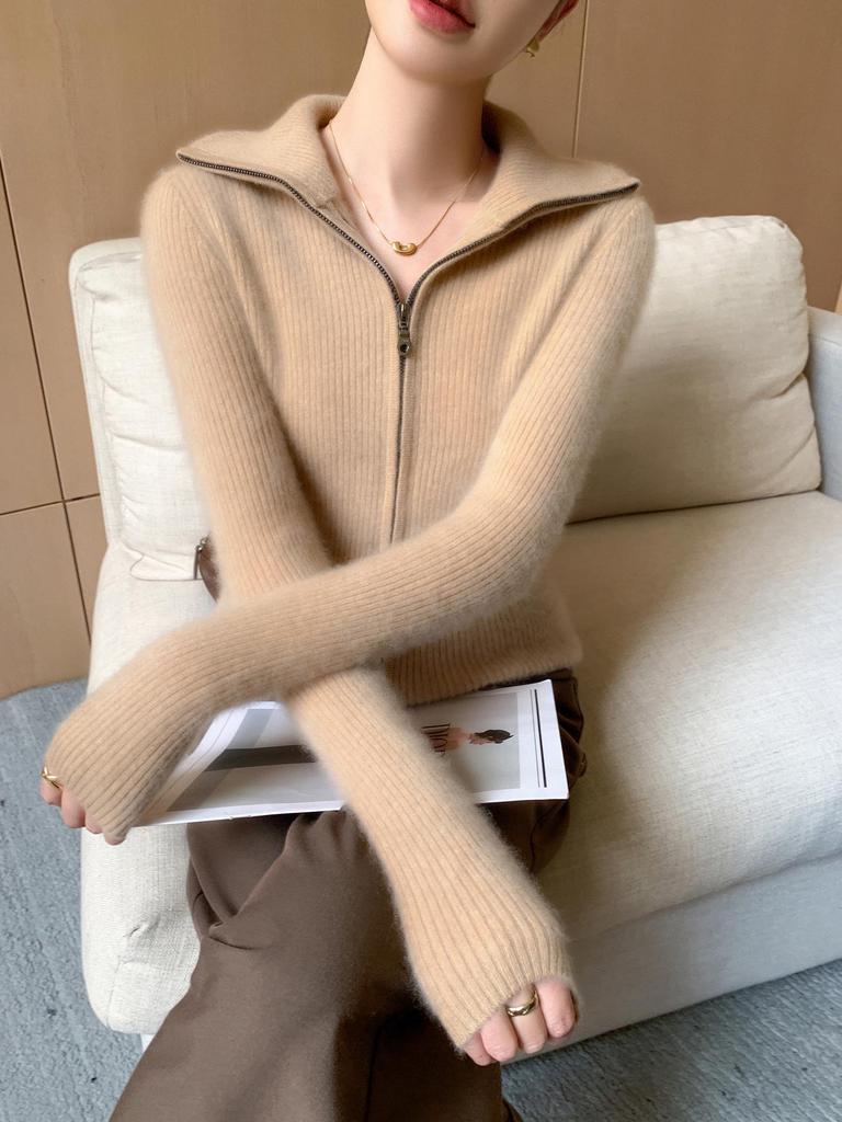 25 Premium Women's Baby Cashmere Cardigan, Double-Zipper Lapel Ribbed Sweater, Loose Wool Coat for Autumn/Winter.