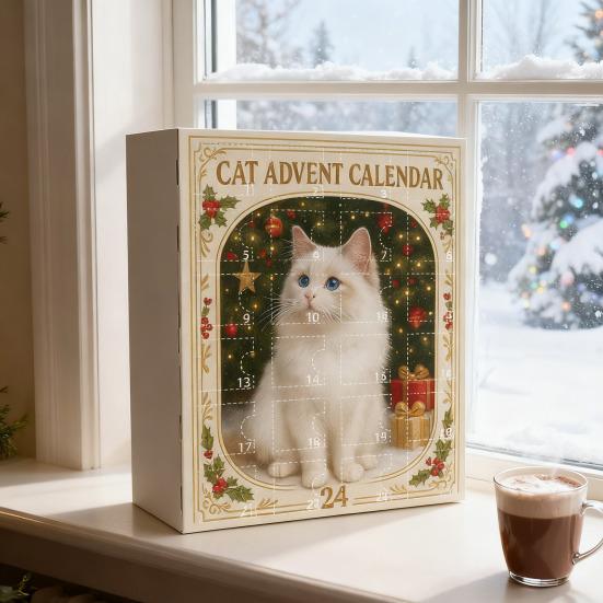 Christmas Cat Lover Advent Calendar PVC Ornament for Tree Decor 24-Day Countdown Box Gift for Kids Family