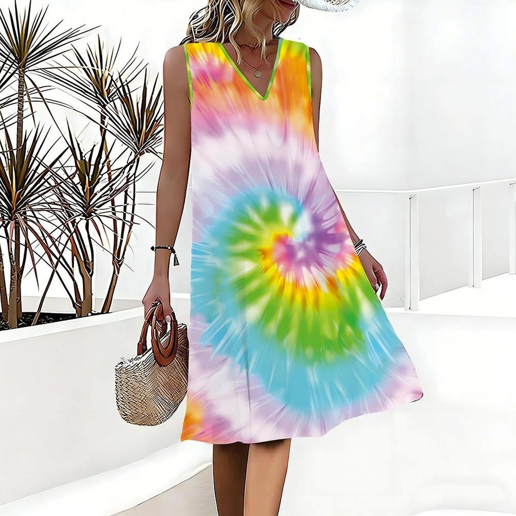 Plus Size V Neck Sleeveless Dress Deep Forest Brook Ink Painting Print For Wilderness Walking Trip