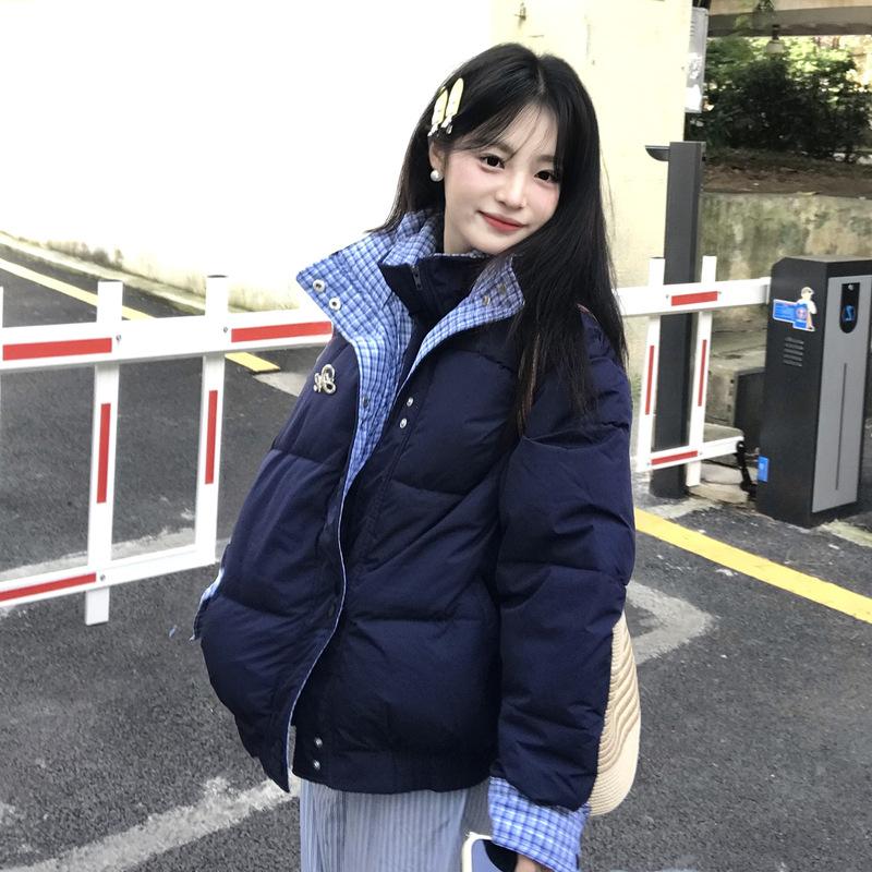 

New splicing plaid fake two-piece cotton clothes women s winter small thickened warm bread clothes jacket S синий