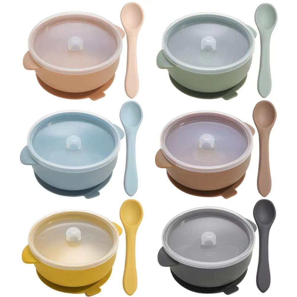 Durable Baby Silicone Suction Plate Bowl Lid Spoon Set Kids Feeding Tableware  Toddlers
