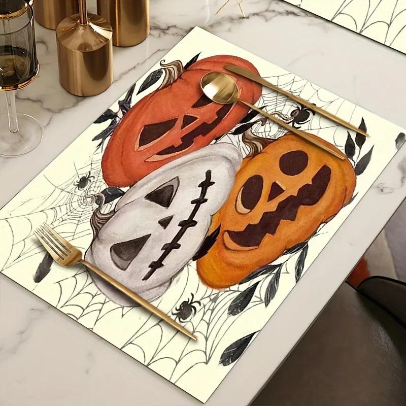 1PC Halloween Pumpkin Print Placemats Machine Washable Table Mat Linen Placemat for Kitchen Dining Table Decoration