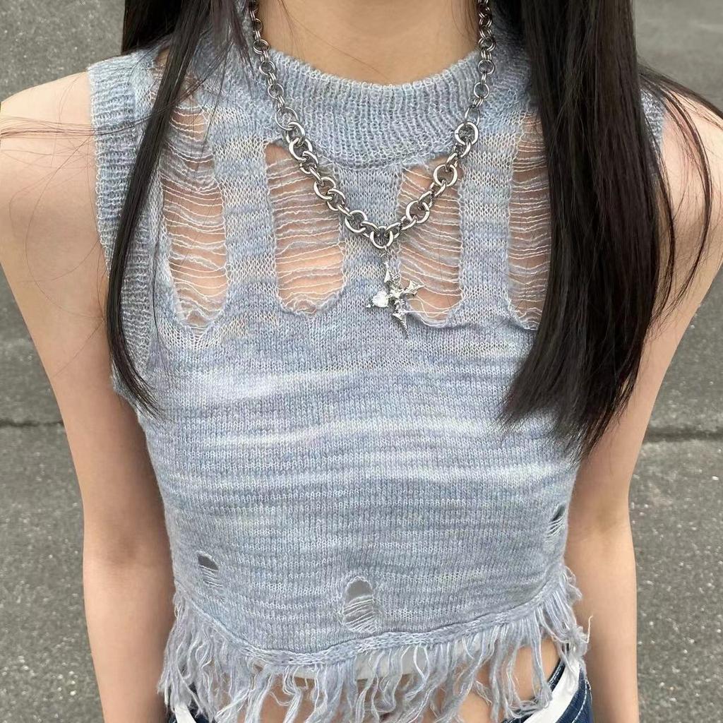 American Sleeveless Vest Spicy Girl Top Knitted Vest Women's Summer Ripped Hole Tassel Sleeveless Vest Sexy Sweet and Spicy Top