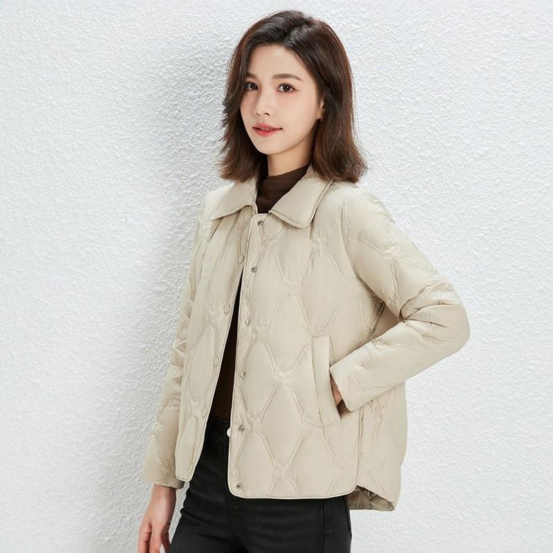 Womens Lightweight Hoodless Down Jacket Short Slim Fit Korean Style Casual Quilted Duck Coat