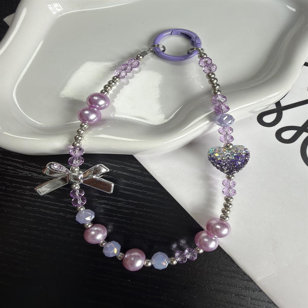 Heart Crystal Rhinestone Phone Chain with Bow - Luxury Keyring Lanyard