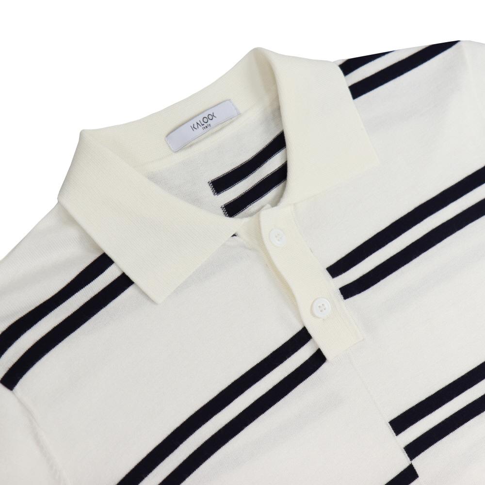 IKALOOK Viscose Stripe Collared Short Sleeve Knit Stee143