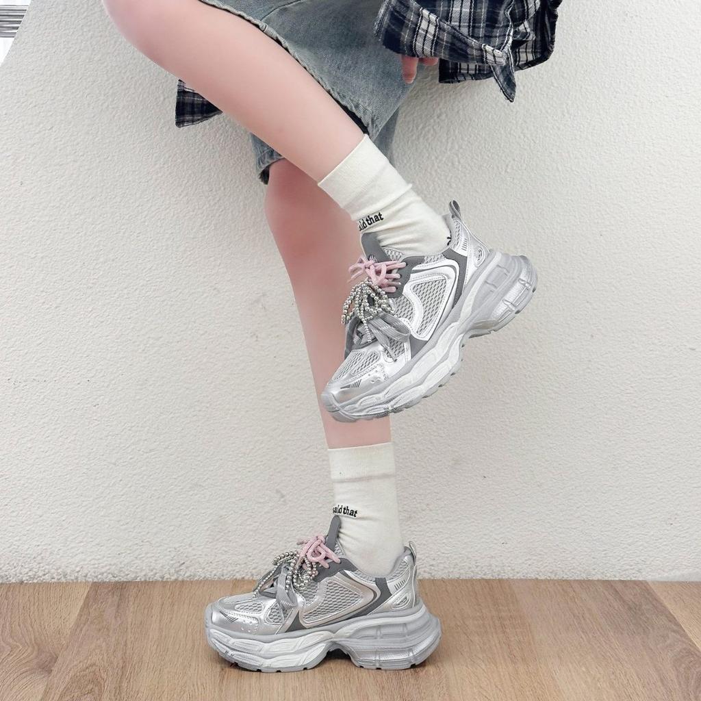Thick-soled Beaded Fashion Dad Shoes for Women 2025 Popular Spring New Versatile Net Breathable Surface Sports and Leisure Shoes Tide