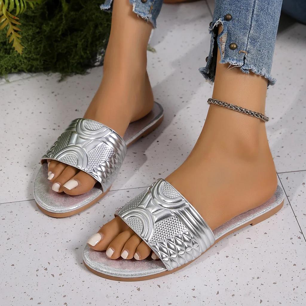Ladies Casual Slides Female Leather Slippers for Women Shoes Flat Sandals Peep Toe Gold Silver Beach Slippers Flat Shoes