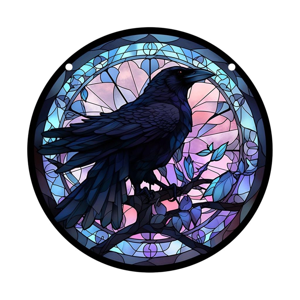 Raven Stained Glass Suncatcher Window Hanging Decoration Halloween Gothic Crow Glass Ornament for Window Home Kitchen