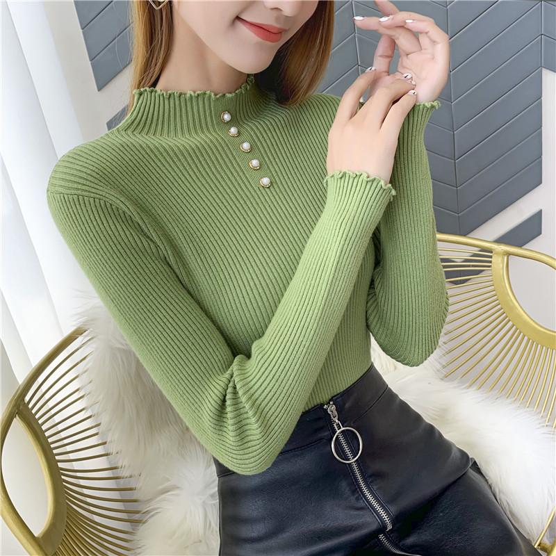 Knitted Ruffled Slim Fit Collar Pullovers Women Long Sleeved Ruched Tight Fitting Knit Top Sweater