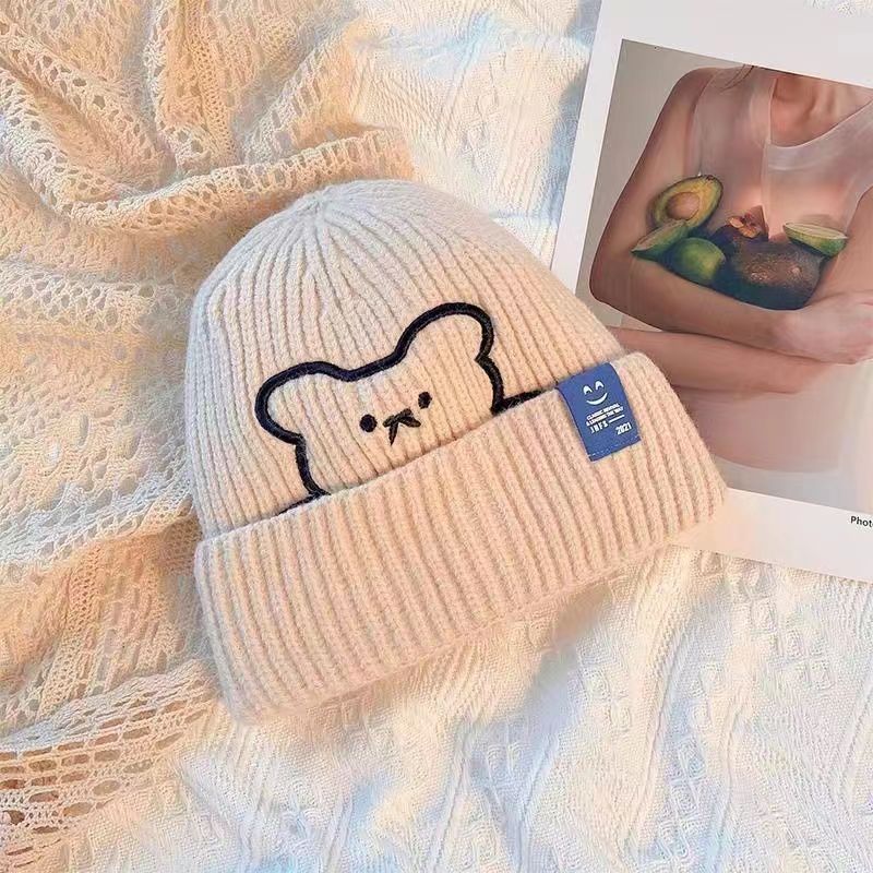 Winter New Bear Embroidery Cartoon Wool Hat Ins Versatile Warm Fashion Pullover Cold Hat Knitted Hat Children