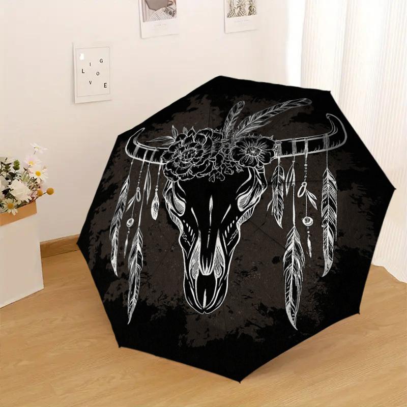 1PC Bull Skull Feathers Pattern Small Travel Compact Windproof Umbrella, Automatic Folding Umbrella, Automatic Open/Close ,Gift-161