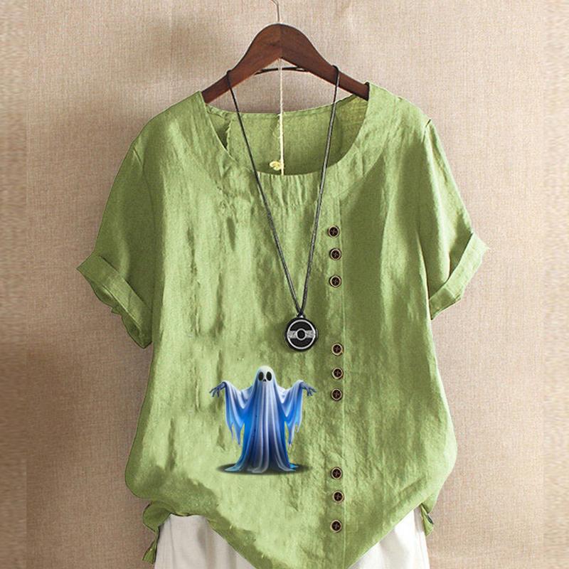 Women's Fashion Ghost Prined Round Neck Short Sleeve T-shirt Casual Cotton Linen Graphic Shirt Leisure Loose Summer Blouse Tops