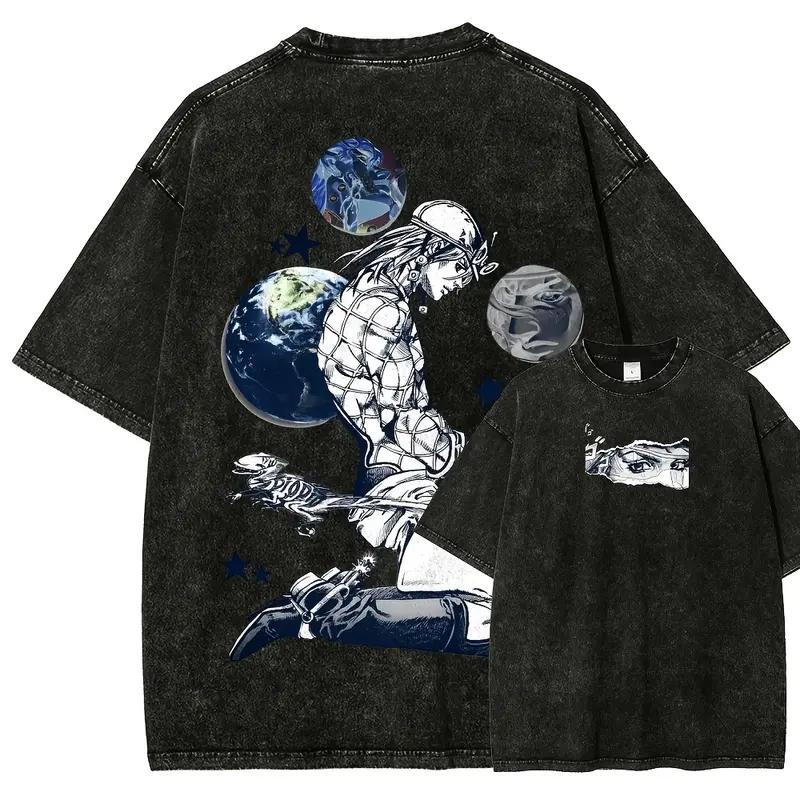Anime JoJo's Bizarre Adventure Higashikata Josuke Graphic T Shirt Men Women Washed Cotton Tshirts Harajuku Unisex Loose T-shirt