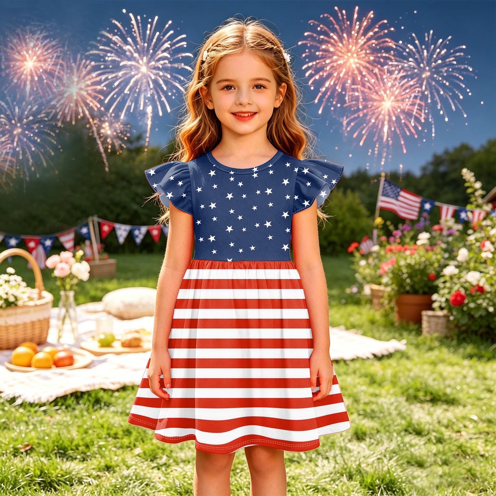

Girls Puff Sleeve Dress Independence Day Patchwork Casual Party Dress Soft Fabric Comfortable Fit A-Line Silhouette Suitable for Everyday Wear 140