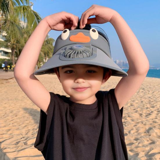 Kids Hat with Built-in Fan Cartoon Shape Oversized Brim UV-Resistant Sun Hat Cartoon Style Adjustable Wind Speed Hat