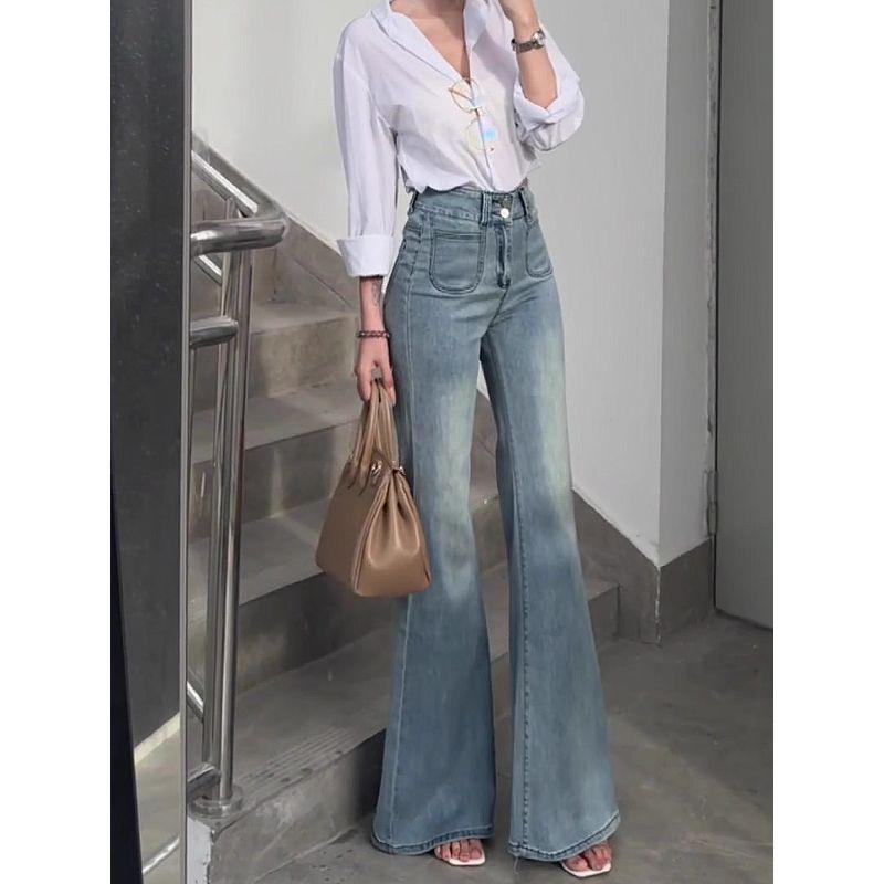 High-Waist Light Blue Washed Denim Flare Jeans for Women - Autumn 2025 Slimming Straight Leg Style