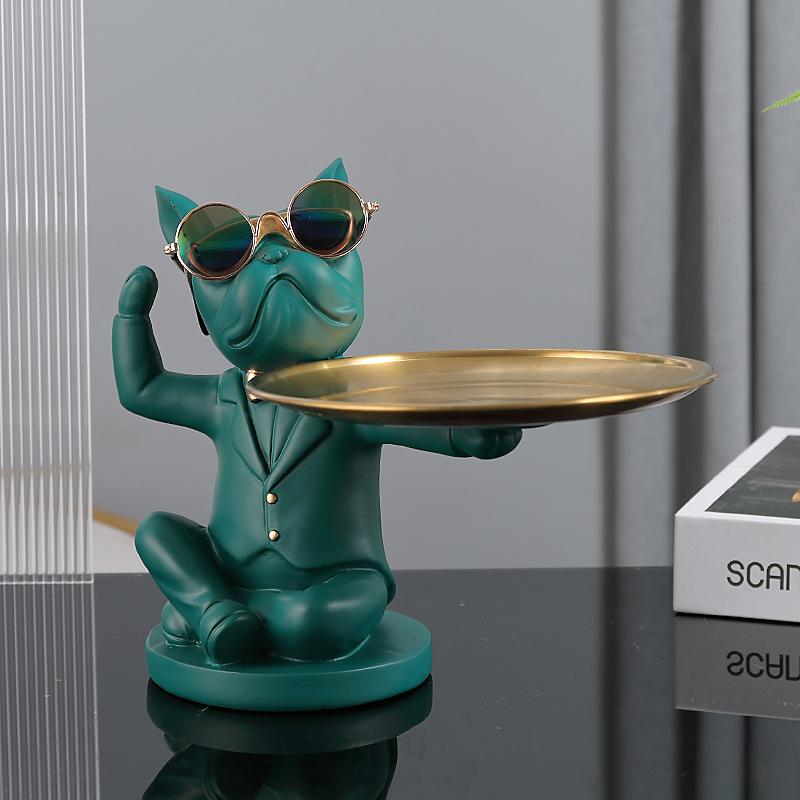 Nordic French Bulldog Butler Resin Dog Sculpture with Glasses Modern Home Decor for Tabletop Living Room Animal Crafts Ornament