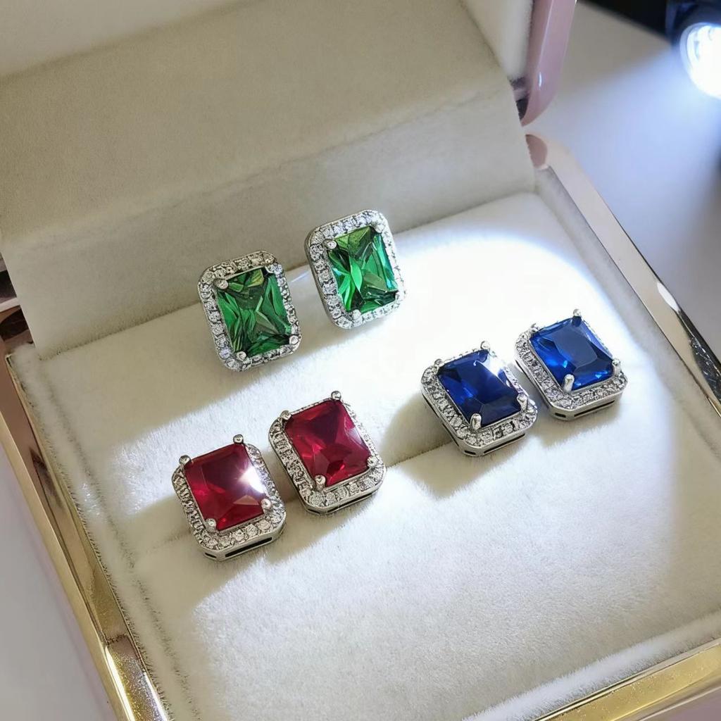 Jewelry earrings imitation cultivation emerald stud earrings women's simple fashion classic green zircon square diamond stud earrings