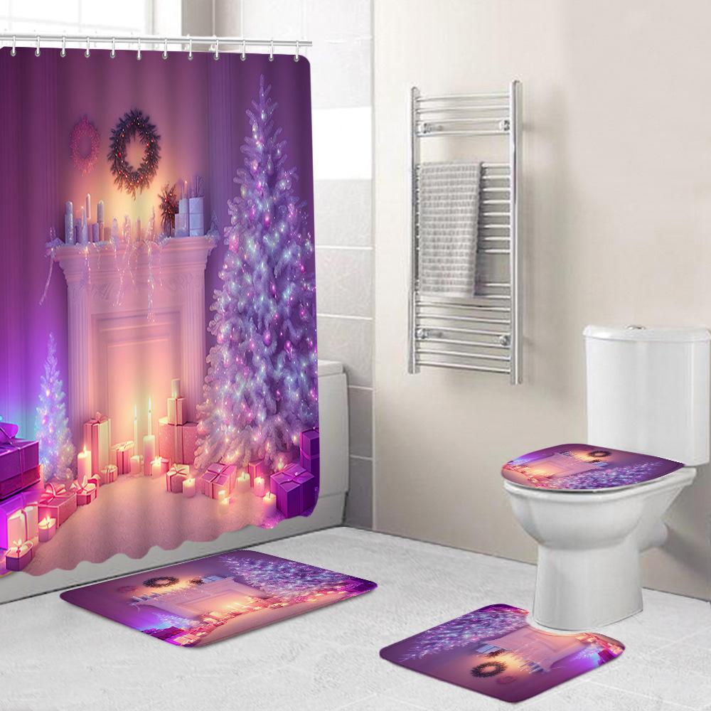 Christmas Toilet Cover Shower Curtain Floor Mat Set Santa Carpet Door Mat Foot Mat Non-Slip Mat