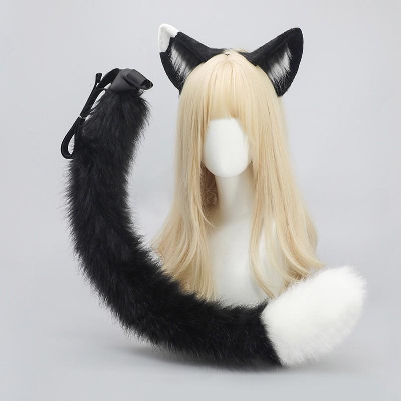 Anime Katzenohr Schwanz Set Cosplay Kostüm Zubehör Schwarzes Kuh Stirnband mit Clip Für Erwachsene