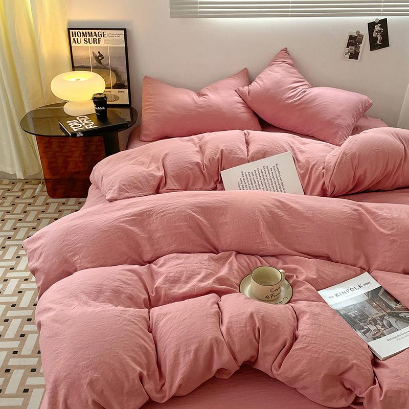 Four-piece Set for Sleeping Naked On Winter Bed, Washed Cotton Sheets, Quilt Cover, Fitted Sheet, Three-piece Set for College Dormitory