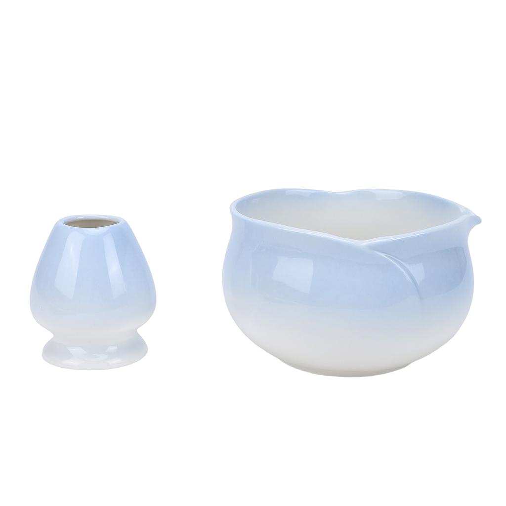 Matcha Bowl and Whisk Holder Ceramic Matcha Mixing Bowl with Spout for Traditional Japanese Tea Ceremony Gradient Blue