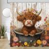 Cute Highland Cow Shower Curtain For Bathroom, Farmhouse Rustic Cow Animal Bathing In Bathtub Shower Curtains Decor Set