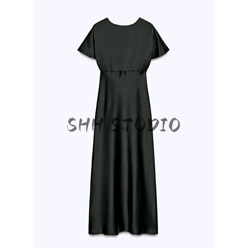 Spring New Women's Clothing French Style Elegance Silk Satin Texture Short Sleeve V-neck Midi Skirt Dress 2330399