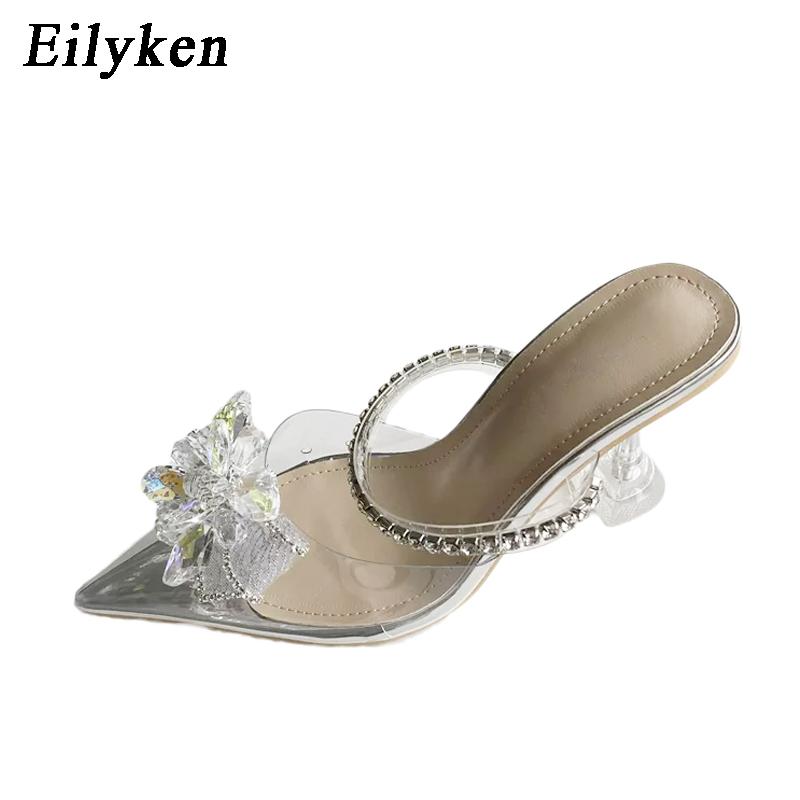 Fashion Eilyken Fashion String Bead Crystal Buckle Women Pumps Sexy Pointed Toe Low Heels PVC Transparent Sandals Wedding Prom Shoes