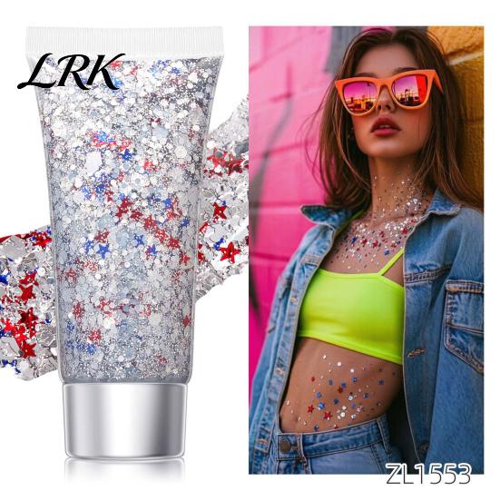 Party Face Glitter Independence Day Body Gel, Patriotic Red White Blue Hair Glitter, Sparkling Waterproof Makeup Sequins for 4th of July, Holiday